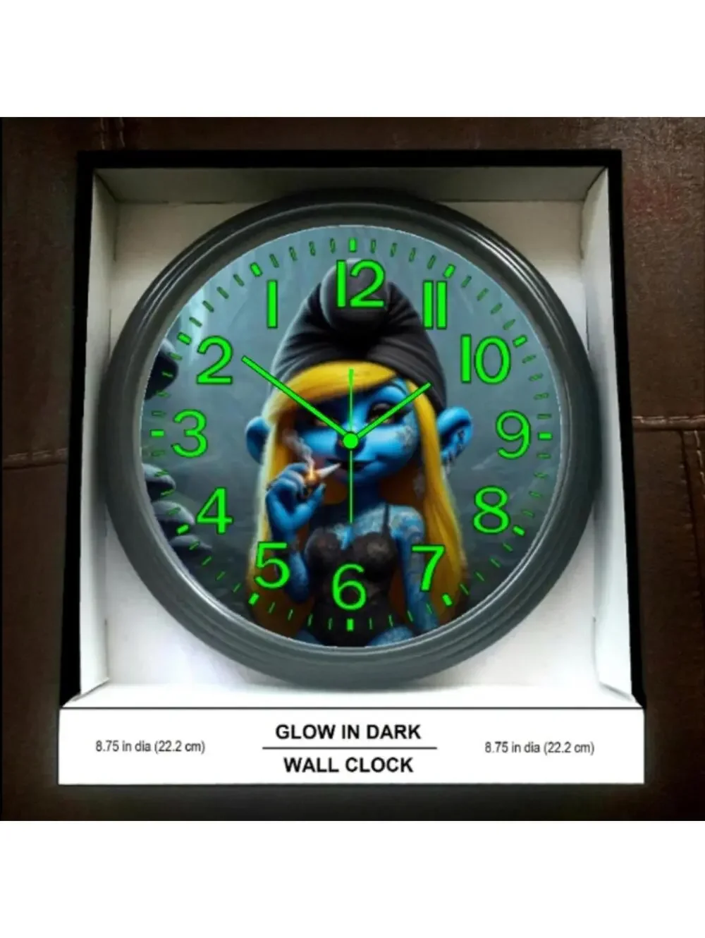 Smurfette Reverse Ticking Good Leaf Glow In The Dark Wall Clock New!